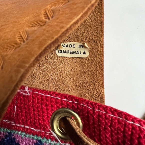 Boho Guatemala Bucket Bag DRAWSTRING Shoulder Tote Leather Woven Pink Red Hippie - Picture 10 of 12